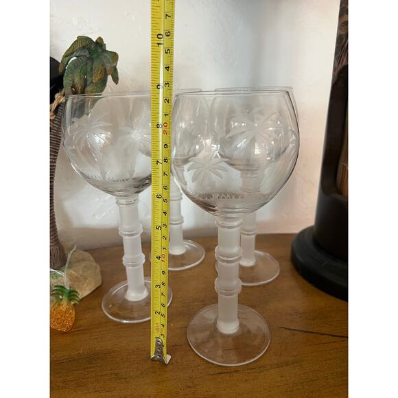 Wells Hand Blown Wine Glasses Set of 4 Etched Palm Trees Frosted Bamboo Stem - Picture 5 of 7